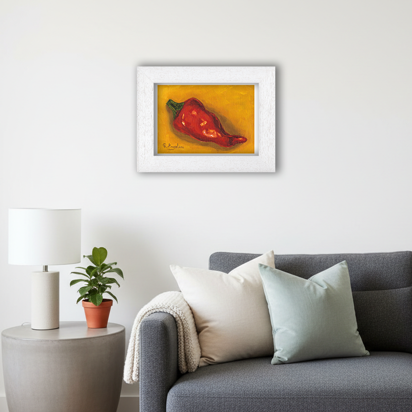 White Framed Red Pepper Giclee Art Print in Living Room