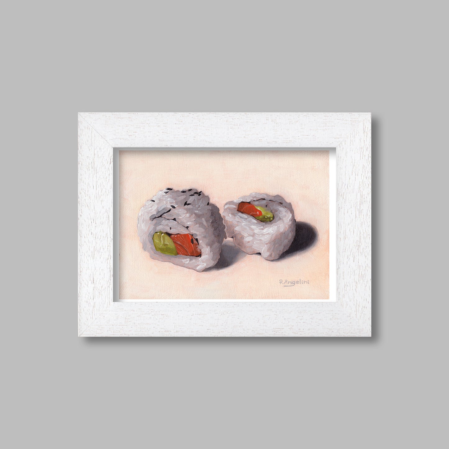White Framed Salmon Avocado Sushi Rolls Giclee Art Print