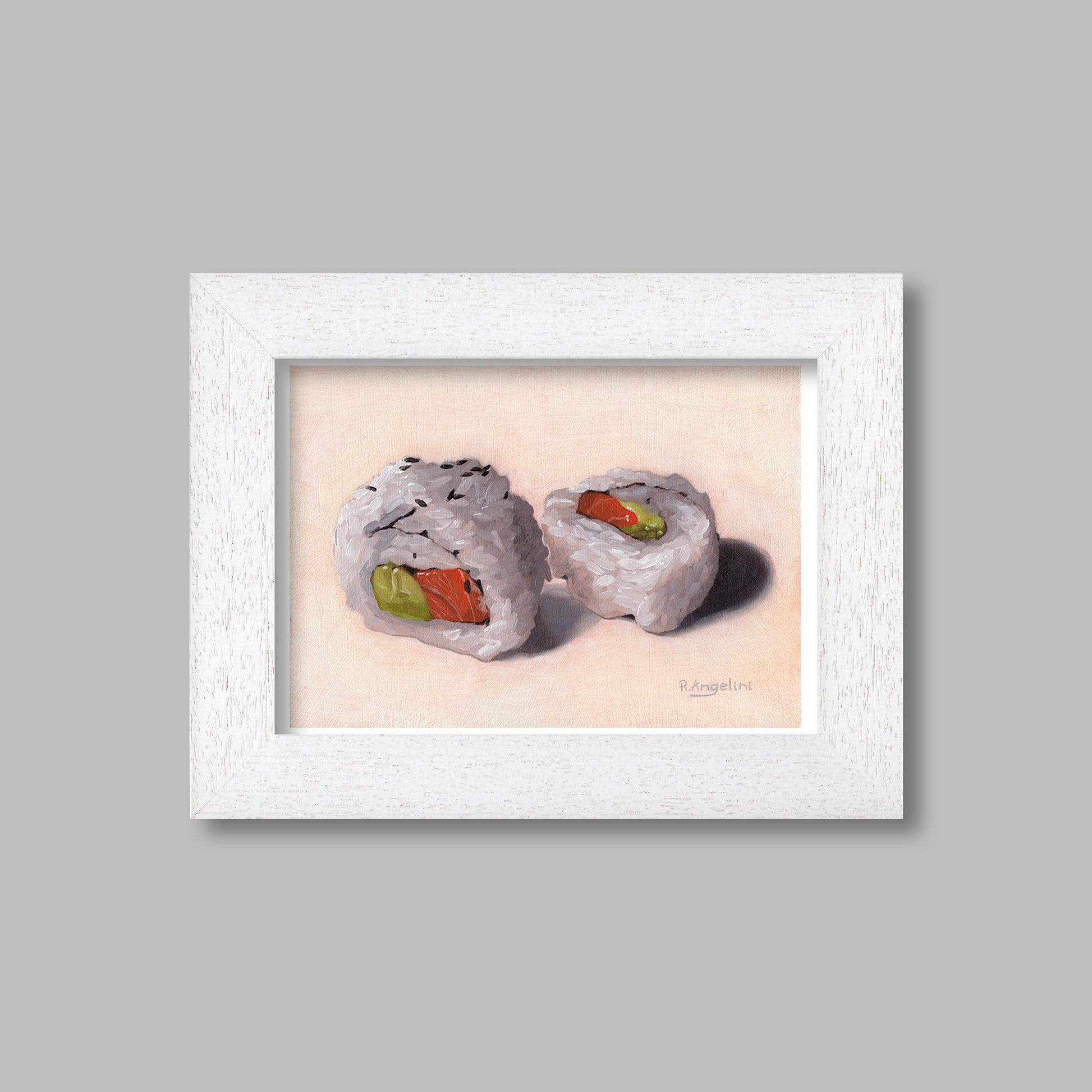 White Framed Salmon Avocado Sushi Rolls Giclee Art Print