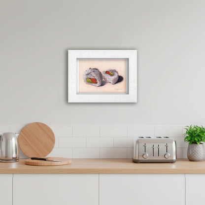 White Framed Salmon Avocado Sushi Rolls Giclee Art Print in Kitchen