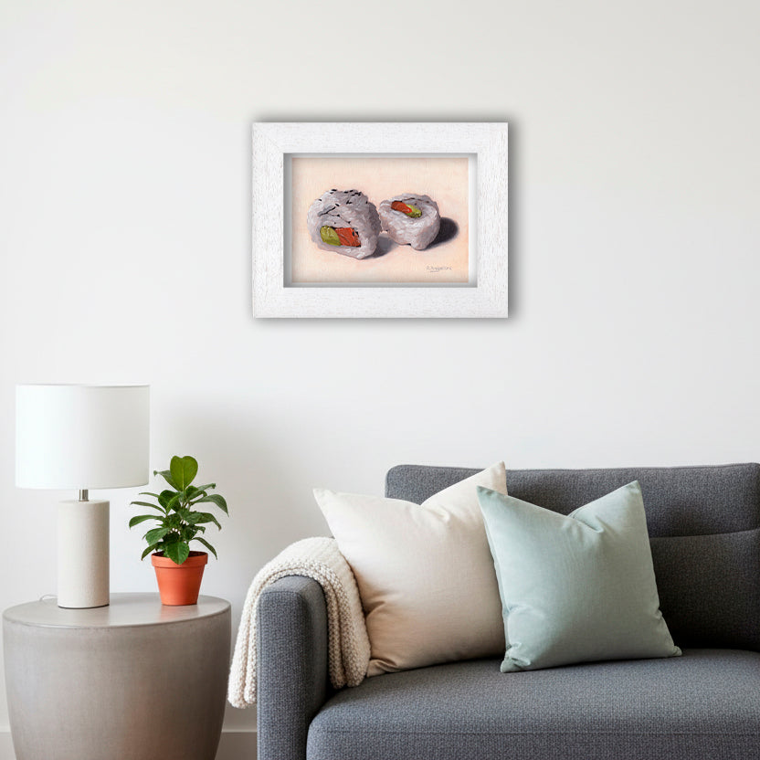 White Framed Salmon Avocado Sushi Rolls Giclee Art Print in Living Room