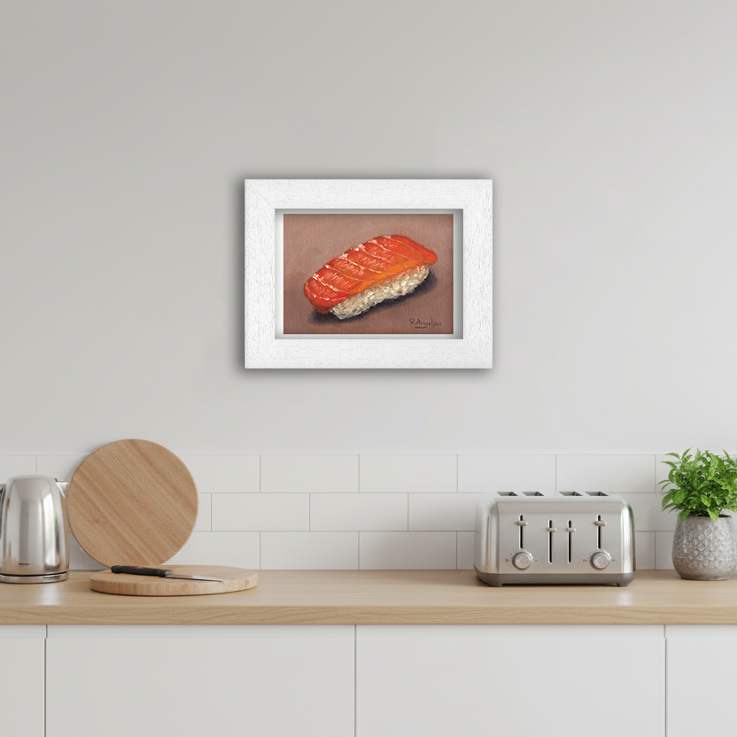 White Framed Salmon Sushi Giclee Art Print in Kitchen