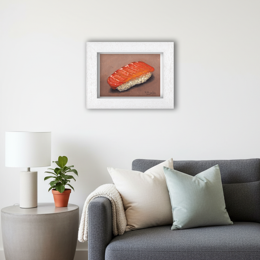 White Framed Salmon Sushi Giclee Art Print in Living Room
