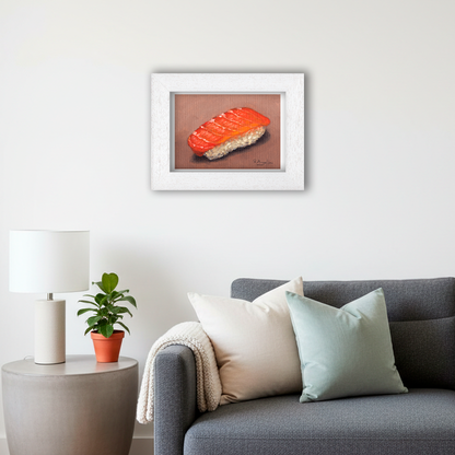 White Framed Salmon Sushi Giclee Art Print in Living Room
