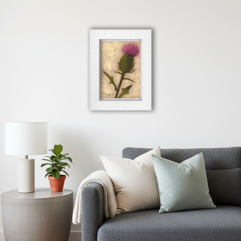 White Framed Scottish Thistle Giclee Art Print in Living Room