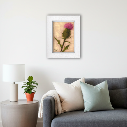 White Framed Scottish Thistle Giclee Art Print in Living Room