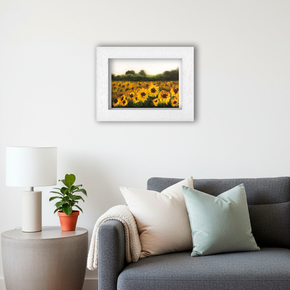 White Framed Sunflower Field Giclee Art Print in Living Room