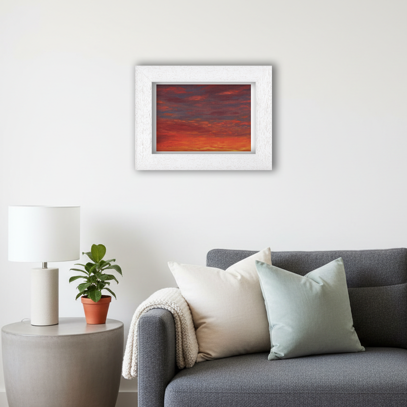 White Framed Sunset Giclee Art Print in Living Room