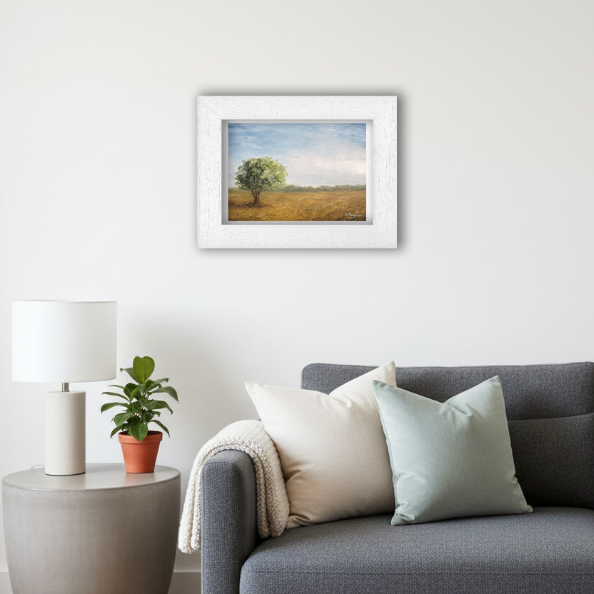 White Framed Tree in a Field Giclee Art Print in Living Room