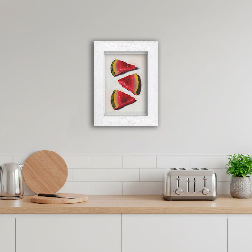White Framed Watermelon Slices Giclee Art Print in Kitchen