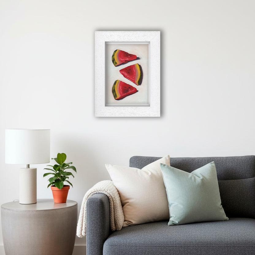 White Framed Watermelon Slices Giclee Art Print in Living Room
