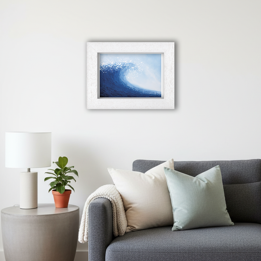 White Framed Wave Giclee Art Print in Living Room